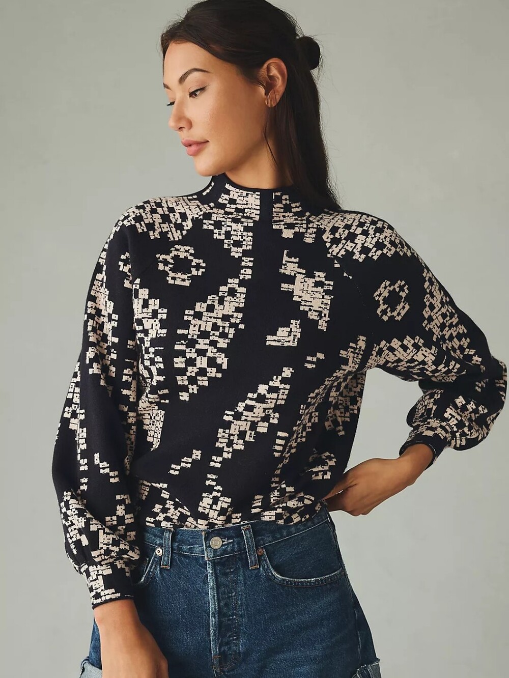 Anthropologie The Beatriz Mock-Neck Sweater Sz XL Black Cream - Picture 6 of 13